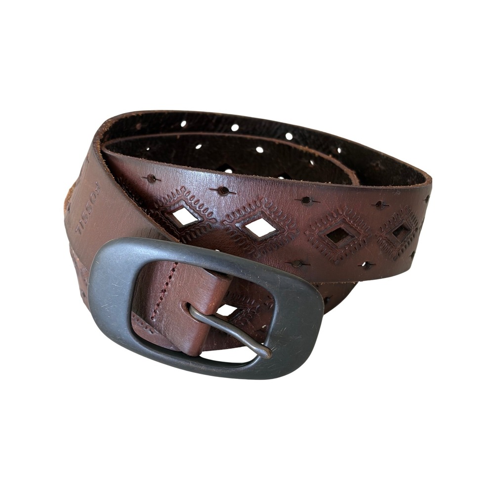 Fossil Brown Leather Belt Geometric Diamond Cutout Southwestern Womens 36 in - Picture 1 of 7